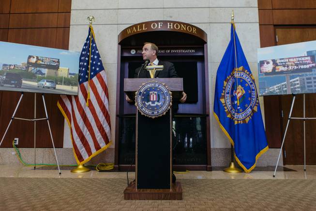 Special Agent in Charge Aaron C. Rouse speaks during a press conference in Las Vegas, Nev. on September 21, 2017. The conference was held to announce the FBI's joint partnership with Clear Channel Outdoor to increase Human Trafficking Awareness.