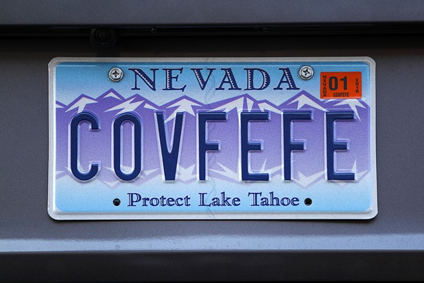 A car with personalized COVFEFE license plates is shown in a parking lot in Henderson Tuesday, Sept. 26, 2017. The "word" is taken from a Twitter post ( “Despite the constant negative press covfefe") from President Donald Trump in May 2017. 