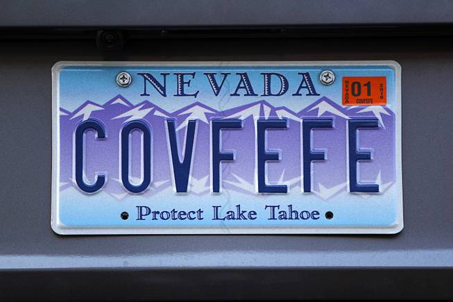 A car with personalized COVFEFE license plates is shown in a parking lot in Henderson Tuesday, Sept. 26, 2017. The "word" is taken from a Twitter post ( “Despite the constant negative press covfefe") from President Donald Trump in May 2017. 