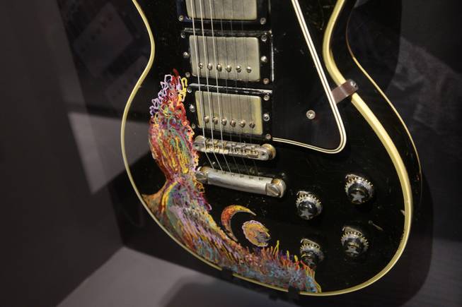 Keith Richards' 1957 Les Paul guitar, which he painted while tripping on LSD, is on display at the Rolling Stones "Exhibitionism" display at the Palazzo Wednesday, September 27, 2017. The exhibit contains over 500 pieces of memorabilia, including instruments, clothing, and a recreation of a London flat the Stones shared in 1963.
