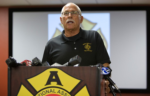 Ray Rahne, 9th District Vice President of the International Association of Firefighters (IAFF), speaks during a news conference at the IAFF Union Hall, Local 1285, Tuesday, Oct. 3, 2017. Several firefighters who were off-duty and attending the Route 91 Harvest festival on Sunday shared their experiences.