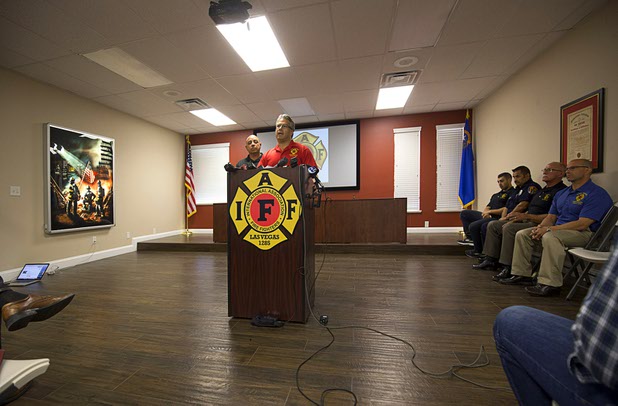 City of Las Vegas firefighter Benjamin Kole speaks during a news conference at the International Association of Firefighters Union Hall, Local 1285, Tuesday, Oct. 3, 2017. Kole was among many off-duty firefighters attending the Route 91 Harvest festival on Sunday when gunman Stephen Paddock opened fire on the crowd.