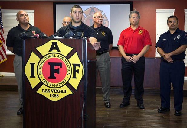 Henderson firefighter Anthony Robone takes questions from reporters during a news conference at the International Association of Firefighters Union Hall, Local 1285, Tuesday, Oct. 3, 2017. Robone's older brother Nick, an assistant hockey coach at UNLV, was hit by gunfire at the Route 91 Harvest festival on Sunday when gunman Stephen Paddock opened fire on the crowd.