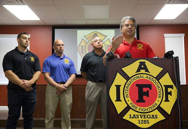 City of Las Vegas firefighter Benjamin Kole takes questions during a news conference at the International Association of Firefighters Union Hall, Local 1285, Tuesday, Oct. 3, 2017. Kole was among many off-duty firefighters attending the Route 91 Harvest festival on Sunday when gunman Stephen Paddock opened fire on the crowd.