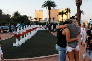 A memorial displaying 58 crosses by Greg Zanis at the Welcome To Las Vegas Sign on October 5, 2017. Each cross has the name of a victim taken during the mass shooting at the Route 91 Harvest festival this past Sunday. 