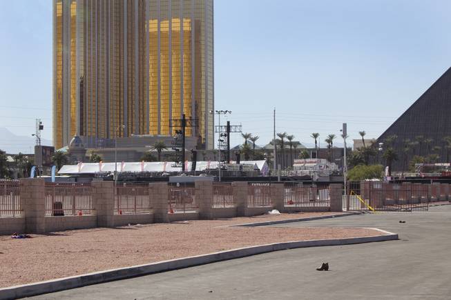 Haven Street, located behind the parking lot for the Route 91 Harvest music festival grounds on the Las Vegas Strip where a gunman killed 58 people and injured more than 500, shows evidence of what ensued that night as concertgoers tried to escape days later, Thursday, Oct. 5, 2017.