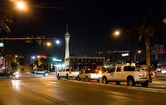 On Thursday night Oct. 6th, dozens of people and vehicles participated in a flag ride convoy riding up and down Charleston Blvd near Las Vegas Vegas Blvd in response to the mass shooting tragedy that occurred on the Las Vegas Strip on Sunday, Oct. 1, 2017.
