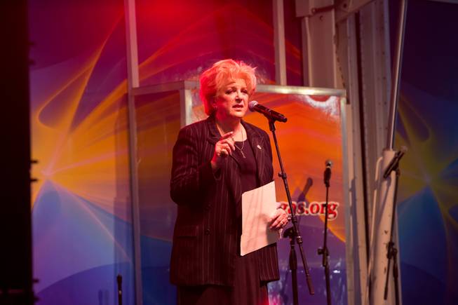 Las Vegas Mayor Carolyn Goodman speaks at a vigil during First Friday in Downtown Las Vegas, in memory of the victims of the Route 91 Havest Festival. OCt. 6, 2017.