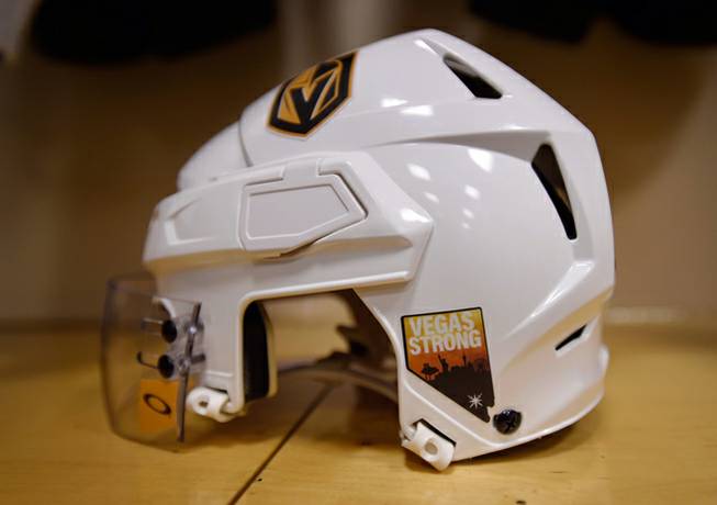 A Vegas Strong sticker on a Golden Knights helmet in memory of the victims of Sunday's mass shooting on the Las Vegas Strip. The Golden Knights play their first game Friday, Oct. 6, 2017, less than a week after the shooting.