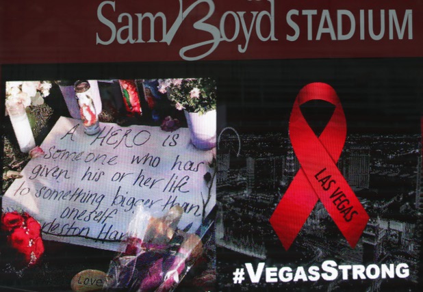 A "Vegas Strong" ribbon is displayed on the scoreboard before UNLV's football game against San Diego State at Sam Boyd Stadium Saturday, Oct. 7, 2017. 