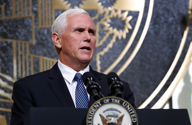 U.S. Vice President Mike Pence speaks in Las Vegas City Hall following a Unity Prayer Walk Saturday, Oct. 7, 2017.