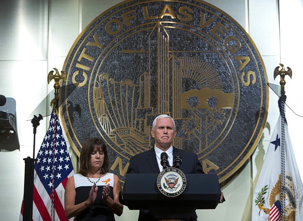 U.S. Vice President Mike Pence is joined by his wife Karen as he speaks in Las Vegas City Hall following a Unity Prayer Walk Saturday, Oct. 7, 2017.