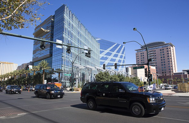 The Vice Presidential motorcade leaves Las Vegas City Hall following a Unity Prayer Walk Saturday, Oct. 7, 2017.