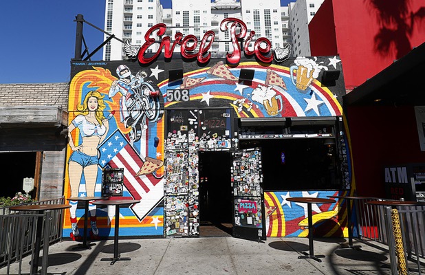 An exterior view of Evel Pie, 508 E. Fremont St., in downtown Las Vegas Sunday, Oct. 8, 2017. The pizza shop, in collaboration with the Helpful Hoodlums charity group, is donating pizza and drinks to first responders in the wake of the Oct. 1 Route 91 Harvest festival mass shooting. STEVE MARCUS