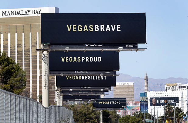 A series of billboards are shown on the west side of Las Vegas Boulevard South, north of Sunset Road, in Las Vegas Monday, Oct. 9, 2017