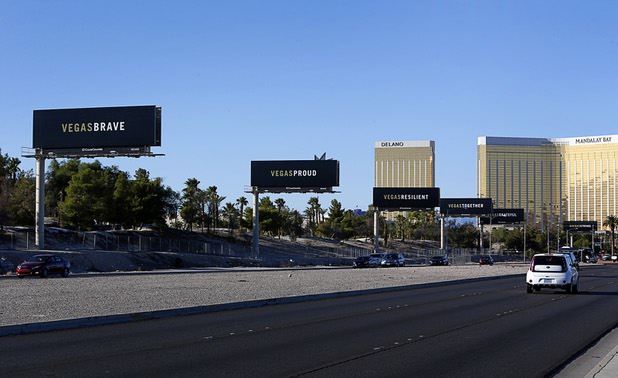 A series of billboards are shown on the west side of Las Vegas Boulevard South, north of Sunset Road, in Las Vegas Monday, Oct. 10, 2017