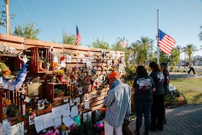 The day after a mass shooting took place on the Las Vegas Strip, Jay Pleggenkuhle and Daniel Perez of Stonerose Landscapes organized the building of a community healing garden through volunteers and donations from various businesses. The Garden opened on First Friday, Oct. 6, five days after the tragic event. It is now filled with tokens of remembrance for the fallen victims, Monday, Oct. 10, 2017.