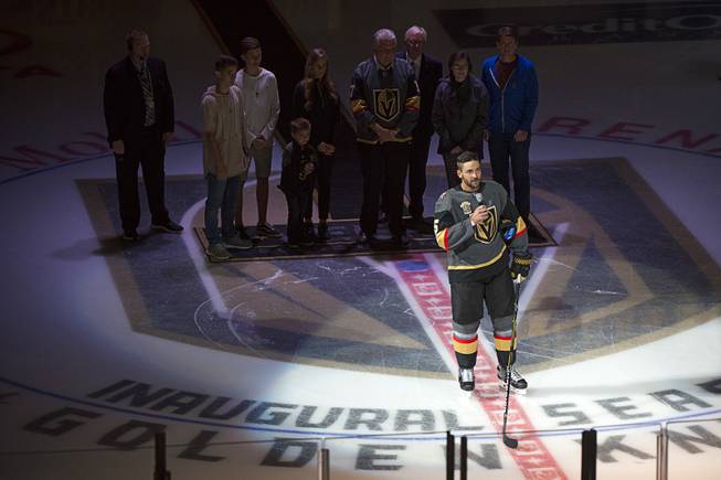 Vegas Golden Knights defenseman Deryk Engelland (5) addresses the crowd before the Knights home opener Tuesday, Oct. 10, 2017, at the T-Mobile Arena. The Knights won 5-2 to extend their winning streak to 3-0.