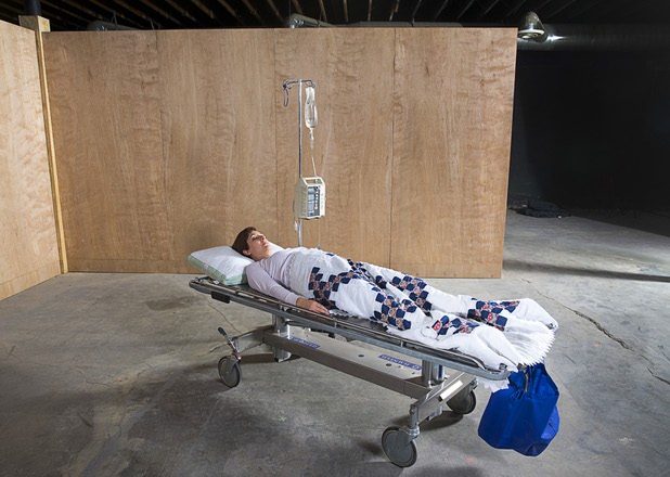 Tina Rice plays the part of patient Vivian Bearin during a rehearsal for "W;t" at the Public Fit Theatre, 100 South Maryland Parkway, Wednesday Oct. 11, 2017.