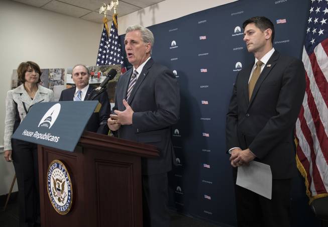 Majority Leader Kevin McCarthy, R-Calif., center, talks about the wildfires in California as he is joined by, from left, Rep. Cathy McMorris Rodgers, R-Wash., House Majority Whip Steve Scalise, R-La., and Speaker of the House Paul Ryan, R-Wis., at a news conference at the Capitol in Washington, Wednesday, Oct. 11, 2017.   (AP Photo/J. Scott Applewhite)