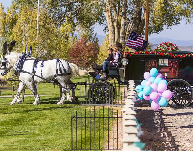 A horse-drawn carriage delivers Heather Alvarado's casket to the Enoch, Utah, cemetery on Friday, Oct. 13, 2017. Heather Alvarado was one of the victims in the Las Vegas shooting. (Jordan Allred  /The Spectrum via AP)
