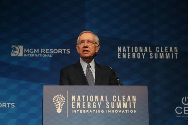 Former United States Senator for Nevada Harry Reid gives opening remarks during the National Clean Energy Summit 9.0 at the Bellagio Resort and Casino on October 13, 2017.