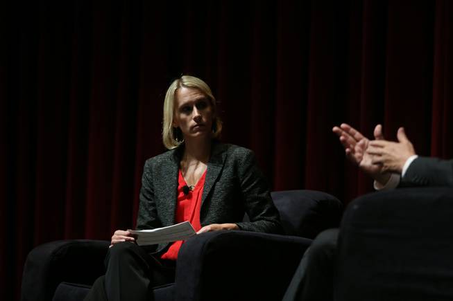 Left, Amy Harder and Former Secretary of Energy Dr. Ernest Moniz speak during a panel at the National Clean Energy Summit 9.0 at the Bellagio Resort and Casino on October 13, 2017.