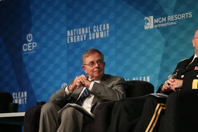 U.S. Navy Vice Admiral Lee Gunn (Ret.) speaks during a panel called Advanced Energy Innovation and National Security at the National Clean Energy Summit 9.0 at the Bellagio Resort and Casino on October 13, 2017.