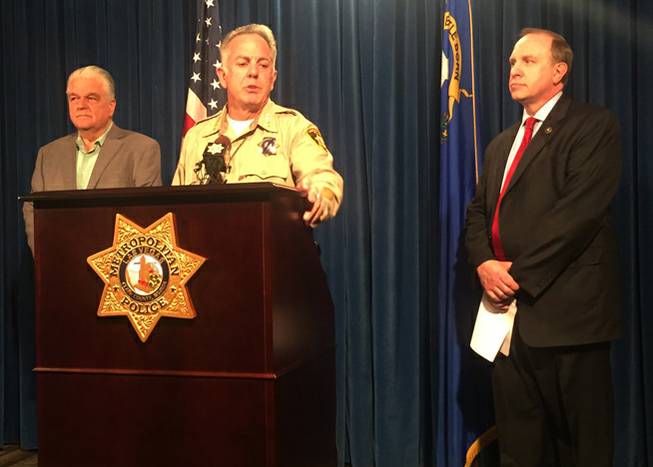 Clark County Sheriff Joe Lombardo conducts a briefing Friday, Oct. 13, 2017, about the Oct. 1, 2017, shooting on the Las Vegas Strip that left 58 dead and more than 500 injured. With Lombardo are Clark County Commissioner Steve Sisolak, left, and FBI Special Agent in Charge Aaron Rouse.