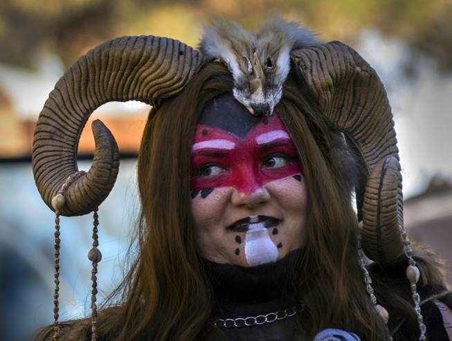 A tribe member sports ram's horns during the Age of Chivalry Renaissance Festival at Sunset Park on Saturday, October 14, 2017.