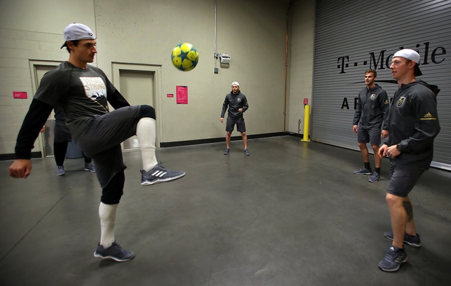 Vegas Golden Knights players warm up with a little soccer as the prepare to face the Buffalo Sabres in the T-Mobile Arena.