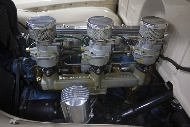 A 1952 Chevrolet 5-window pickup truck engine with a three carburetor adapter is displayed before the 10th annual Barrett-Jackson Las Vegas classic car auction at the Mandalay Bay Convention Center Wednesday, Oct. 18, 2017. The three-day auction begins Thursday.