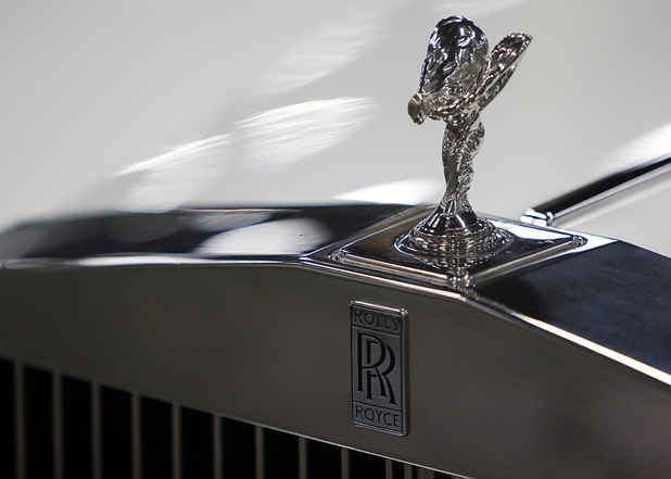 A hood emblem is shown on a Rolls Royce before the 10th annual Barrett-Jackson Las Vegas classic car auction at the Mandalay Bay Convention Center Wednesday, Oct. 18, 2017. The three-day auction begins Thursday.