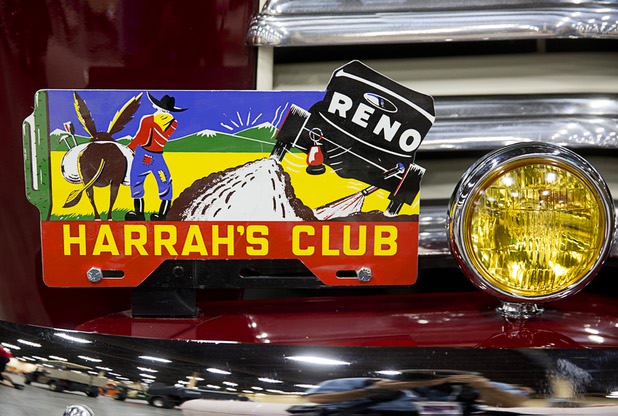 A Harrah's Club decorative plate is shown on a 1950 Chevrolet 3100 pickup at the 10th annual Barrett-Jackson Las Vegas classic car auction in the Mandalay Bay Convention Center Wednesday, Oct. 18, 2017.