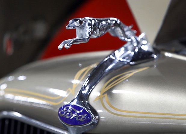 A hood emblem is shown on a "Ford-a-lac," a customized 1935 Ford Model A pickup with a 300hp fuel-injected Cadillac V8 engine, at the 10th annual Barrett-Jackson Las Vegas classic car auction in the Mandalay Bay Convention Center Wednesday, Oct. 18, 2017.
