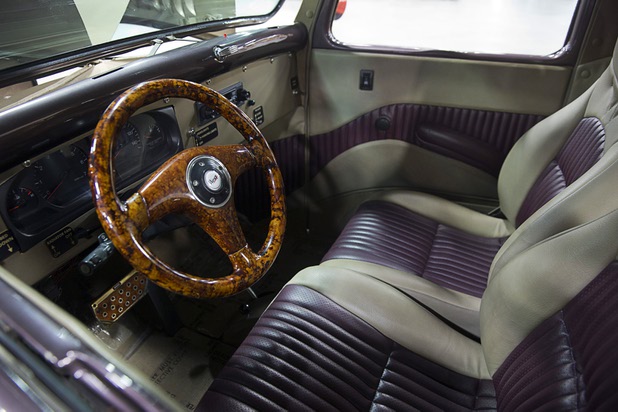 The interior of the cab is shown on a "Ford-a-lac," a customized 1935 Ford Model A pickup with a 300hp fuel-injected Cadillac V8 engine, at the 10th annual Barrett-Jackson Las Vegas classic car auction in the Mandalay Bay Convention Center Wednesday, Oct. 18, 2017.