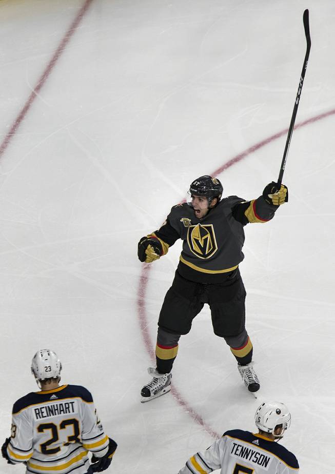 Vegas Golden Knights left wing David Perron (57) celebrates another goal over the Buffalo Sabres during their game at the T-Mobile Arena on Tuesday, Oct. 17, 2017.