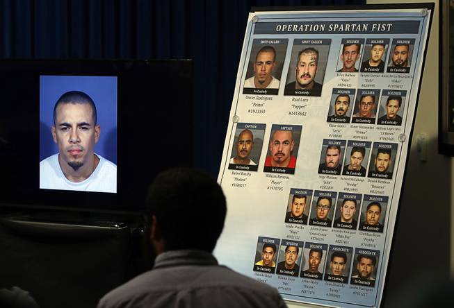 Mug shots of over alleged 20 gang members are displayed during a news conference at Metro Police headquarters Thursday, Oct. 19, 2017.