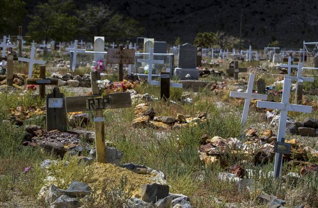 Many grave markers still remain in the old Goldfield Cemetery high on the hill in Goldfield, Nevada on Thursday, August 8, 2017.   L.E. Baskow