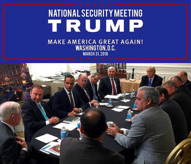 In this photo from President Donald Trump's Twitter account, George Papadopoulos, third from left, sits at a table with then-candidate Trump and others at what is labeled at a national security meeting in Washington that was posted on March 31, 2016. Papadopoulos, a former Trump campaign aide belittled by the White House as a low-level volunteer was thrust on Oct. 30, 2017, to the center of special counsel Robert Mueller’s investigation, providing evidence in the first criminal case that connects Trump’s team and intermediaries for Russia seeking to interfere in the campaign. 