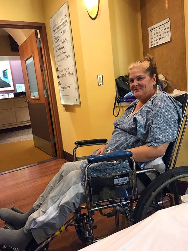 In an undated handout photo, Kim Gervais, in a photograph on her GoFundMe page, in rehabilitation at Loma Linda University Health in California. Gervais was left quadriplegic after she was shot at the Route 91 Harvest music festival by a shooter perched in the nearby Mandalay Bay Resort and Casino. 