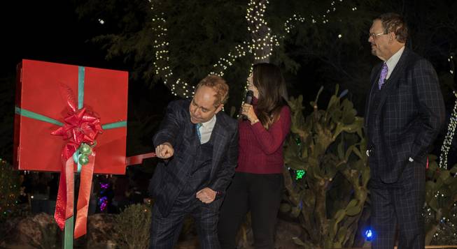 Penn and Teller join Mercedes Martinez to flip the with and turn on over 1 million lights during the Ethel M holiday lighting ceremony activities on Tuesday, Nov 7, 2017.