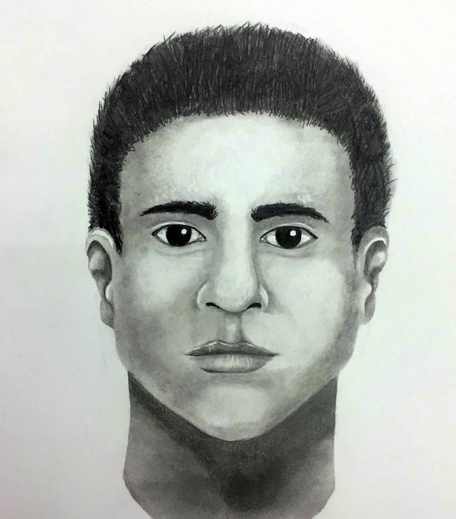 This is a sketch of a man wanted in the beating of a woman in downtown Las Vegas.