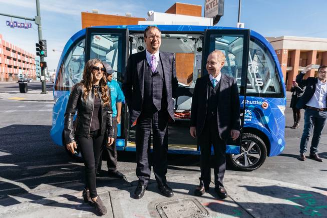 NASCAR driver Danica Patrick and Penn & Teller speak during a media event promoting a  self-driving shuttle on November 8, 2017.  The city of Las Vegas teamed with AAA Northern California, Nevada & Utah, Keolis North America and the Regional Transportation Commission of Southern Nevada to bring the nations first self-driving shuttle geared specifically for the public to Downtown Las Vegas.
