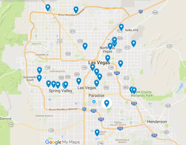 A map showing the sites of Las Vegas shootings since Oct. 1 is shown in this screen shot. 
