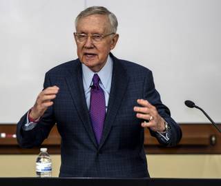 Senator Harry Reid speaks on the necessity of immigration law practice as UNLV formally launches the Edward M. Bernstein and Associates Children's Rights Program on Thursday, Nov. 16, 2017.