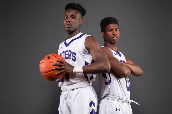 Players of the Sunrise Mountain High basketball team, from left, Steven Adeyemi and Anthony Proby, take a portrait during the Las Vegas Sun's Media Day at the South Point on Nov. 14, 2017.
