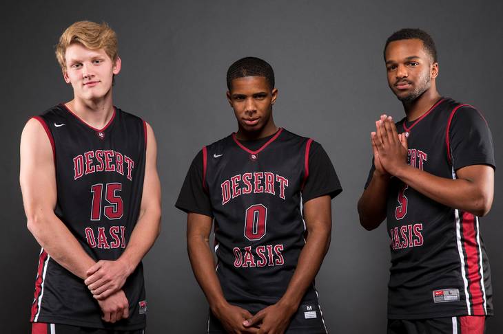 Players of the Desert Oasis High basketball team, from left, Jacob Heese, Kumari Burnside and Manny Mitchell, take a portrait during the Las Vegas Sun's Media Day at the South Point on Nov. 14, 2017.