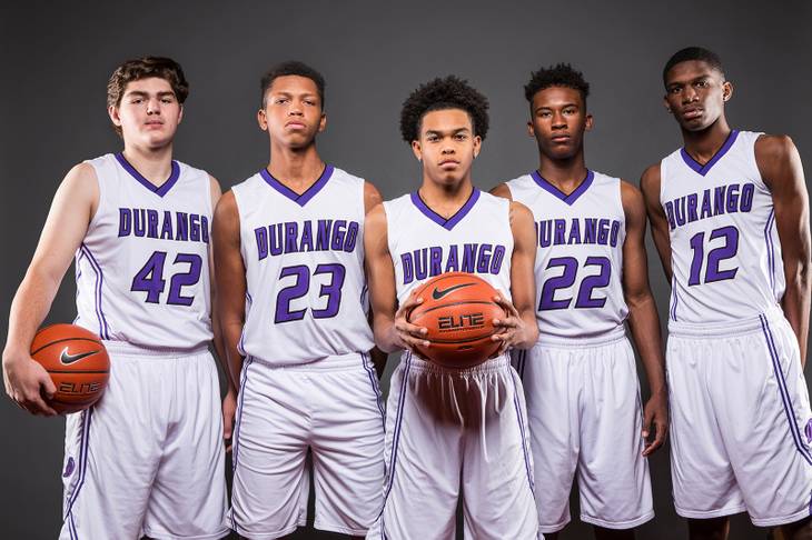 Players of the Durango High basketball team, from left, Jovan Lubura, Nick Blake, Anthony Hunter, Vernell Watts and LeAndre McIntyre Jr., take a portrait during the Las Vegas Sun's Media Day at the South Point on Nov. 14, 2017.