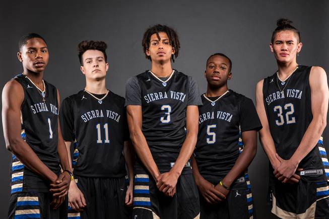 Players of the Sierra Vista High basketball team, from left, Mohamed Washington, David Howard, Maitland Williams, Isaiah Veal and Maka Ellis, take a portrait during the Las Vegas Sun's Media Day at the South Point on Nov. 14, 2017.